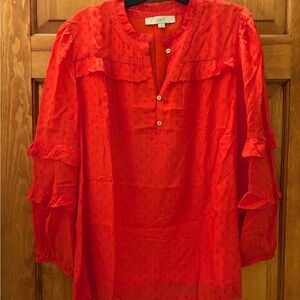 LOFT Bright Red Ruffle Swiss Dot Blouse